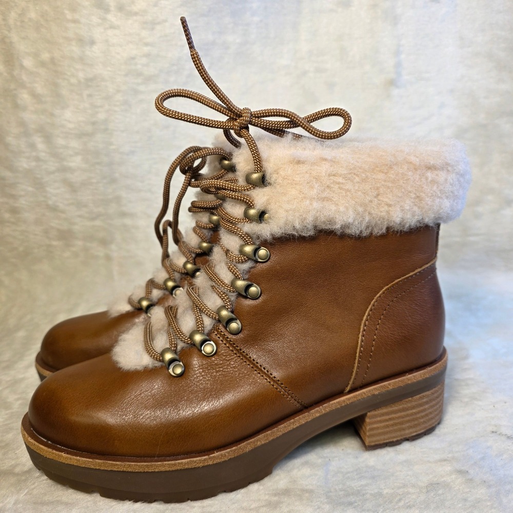 Kork-Ease Renny Shearling Combat Hiker Ankle Boots Brown Leather Womens 6.5 NEW